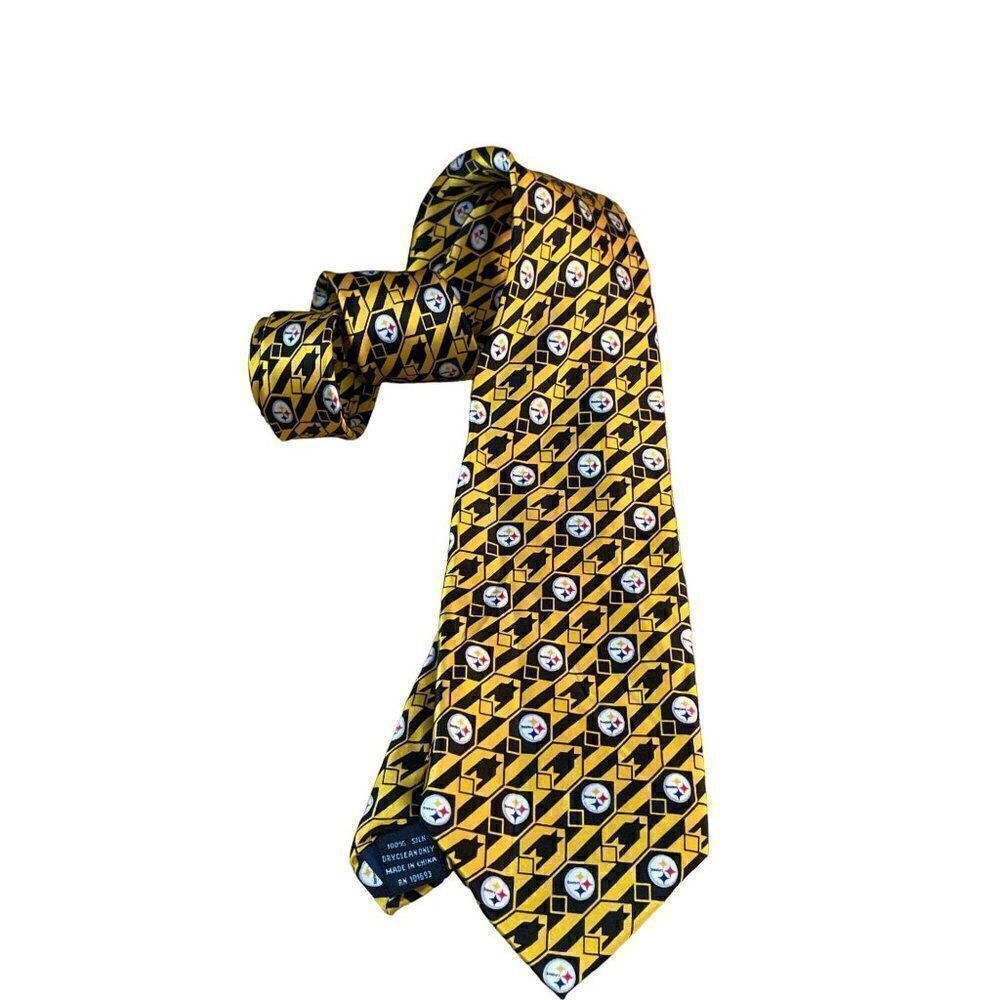 NFL Pittsburgh Steelers 100% Silk Necktie Black Gold Team Logo Geometric 64"
